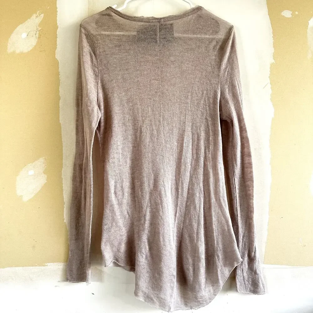 Morkna Long Sleeve Top Round Neck Linen Knit Pullover Casual Tan Large